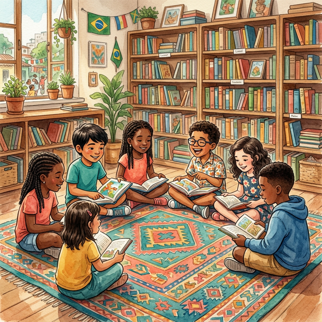 Crianças lendo na Biblioteca Cidadã